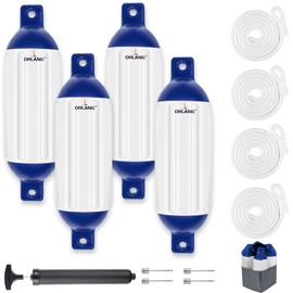 ORLANG 6.5in X 23in Boat Fenders, Boat Bumpers for Docking 4 Pack, Inflatable Ribbed Twin Eyes Vinyl Boat Bumpers Fenders with Air Pump,Ropes,Needles and Storage Bag - White/Blue