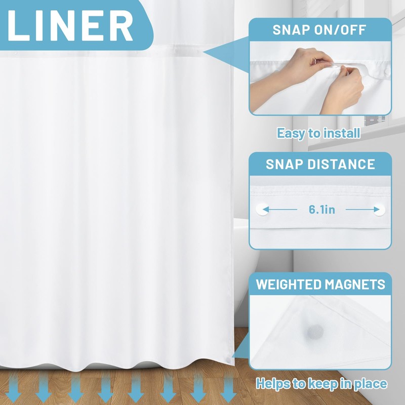 WITHLOC No Hook Shower Curtain with Snap in Liner -