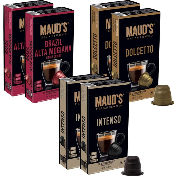 Maud's Organic Espresso Cápsulas Variedad Pack 60 ct., 20 cápsulas de espresso de cada sabor (Intenso, Dolcetto, Brasil Alta Mogiana)