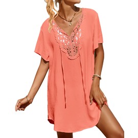 SimpleFun Womens Beach Cover Up Flowy V Neck Short Sleeve Summer Swimsuit Coverups for Bathing Suits Vacation Attire Coral XL