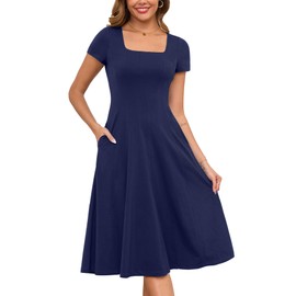 Annebouti Womens 2025 Square Neck Spring Summer Dress with Sleeves Flowy Aline Trendy Modest Semi-Formal Wedding Guest Teacher Church Wear to Work Midi Casual Dresses Navy XL
