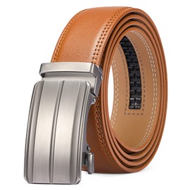 Men's Leather Belt Automatic Ratchet Buckle Slide Belt for Dress Casual Trim to Fit with Gift Box
