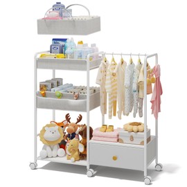 BBLIKE 3in1 Diaper Caddy Organizer - Diaper Caddy & Rolling Diaper Cart with Kids Clothing Rack for Nursery and Baby Essentials, Multi-Function Utility Cart for Bedroom and Bathroom, White