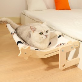 Cat Bedside Hammock and Window Perch, Cat Bed Attachment for Human Bed, Perfect for Indoor Cats Inside, Easy to Adjust and Attach to Windowsill & Bedside (Cow, L)