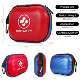 Small First Aid Kit - 185 Pieces Waterproof Emergency Kit for Home, Car, Office, Travel, Camping, Hiking & Outdoor - Portable Hard Case Survival Kit with Premium Supplies(Blue/Red)