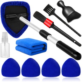Qydipclin 10pcs Windshield Cleaning Tool Inside Car Window Cleaner Wash Kit with 4 Reusable Microfiber Pads 1 Spray Bottle and Extendable Handle Interior Auto Glass Wiper Kit, Blue