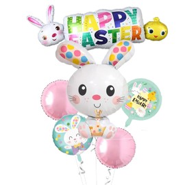 6pcs Easter Bunny Balloons Decoration, Happy Easter Rabbit Foil Balloons for Birthday Kids Party Decoration