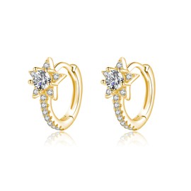 SLUYNZ Solid 925 Sterling Silver Small Star Hoop Earrings for Women CZ Star Hoop Earrings Huggie (B-Gold Plated)