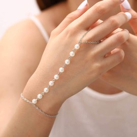 Obmyec Boho Pearl Finger Ring Hand Chain Silver Pearl Finger Bracelets Wedding Bridal Beaded Slave Bracelet Hand Jewelry for Women (Gold)