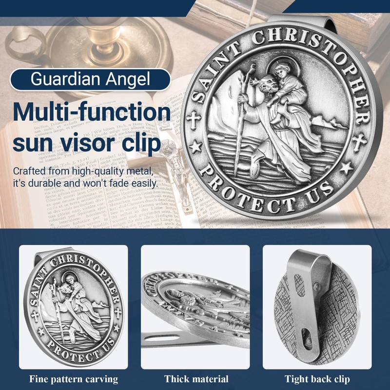 2PCS St Christopher Medal for Car Visor Clips, Catholic Gift