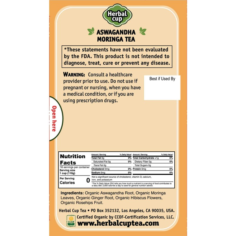 Herbal Cup Ashwagandha Tea, Organic Moringa Tea, No Caffeine Herbal