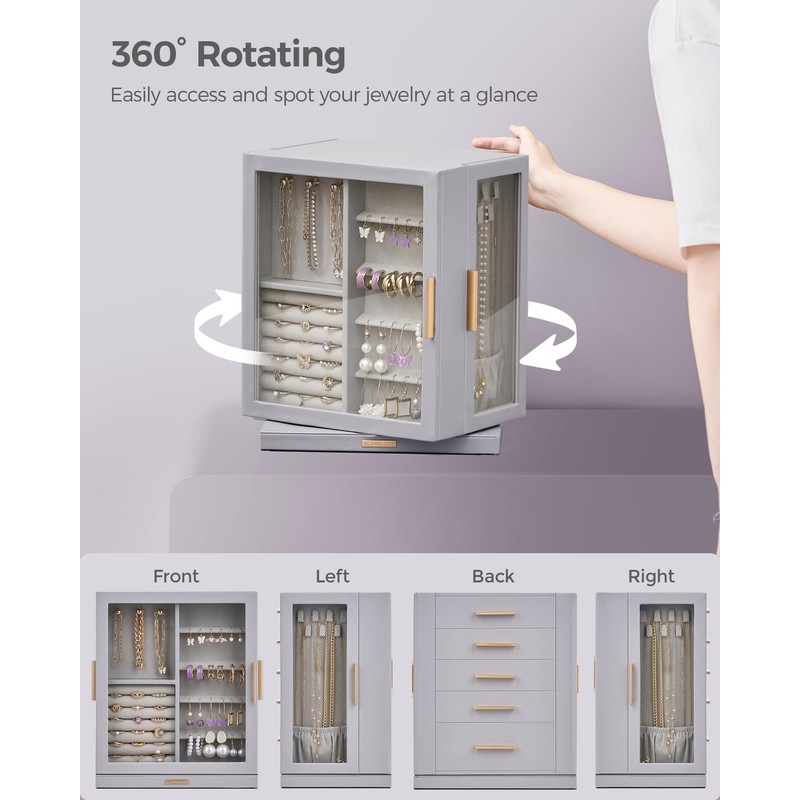 Glimmloop 360° Rotating Jewelry Box with 5 Drawers, Spacious Vertical
