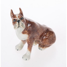 WitnyStore Tiny 2" Brown White Sit Look Up Boxer Mastiff Dog Figurine - Miniature Hand Made Painted Ceramic Dogs Puppy Hound Canine Animals Cute Porcelain Decorative Collectible Figures Décor Gifts