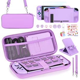 Younik Switch Accessories Bundle, 17 in 1 Purple Switch Accessories Kit for Girls Include Switch Carrying Case, Adjustable Stand, Protective Case for Switch Console & J-Con
