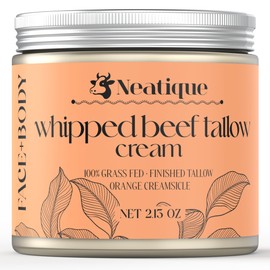 Neatique 100% Grass Fed Beef Tallow for Skin Care Face & Body | Whipped Moisturizer for Skin | with Organic Beeswax & Organic Honey Balm | All Natural Formula, 2.13oz (2.13 Ounce, Orange)
