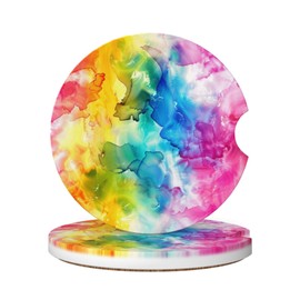 Neukim 2pcs Car Cup Holder Coaster Car Coaster Ink Tie Dye Rainbow Absorbent Car Coaster Absorbent Drink Coaster for Car Decor Auto Accessories
