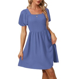 OFEEFAN Plus Size Dresses for Women Steel Blue Summer Chiffon Puff Sleeve Square Neck Dress with Tie Bow XXL