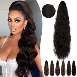 Fanguilar Ponytail Extension 24 Inch Long Curly Wavy Drawstring Ponytail Extension Synthetic Hair Extensions Ponytail for Women Daily Use Dark Brown
