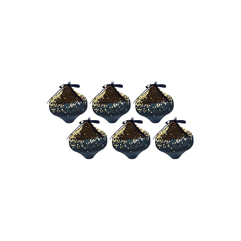 6 x Sequin Navy Blue Gold Christmas Tree Baubles Decorations