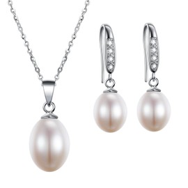 AAA Quality Freshwater Cultured Pearl Necklace & Earring Set - Matching Freshwater Pearl Drop Earrings Box Gift SFJS29