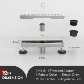 WEBANG 12 Inch Linear Shower Drain Rectangular Floor Drain with Accessories Wave-Hole Pattern Cover Grate Removable SUS304 Stainless Steel CUPC Certified Brushed