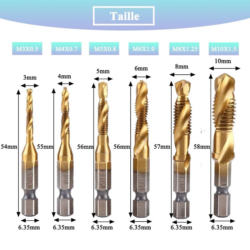 Teocpai 6-Piece HSS Tap Set Titanium Combination Drill Bit with