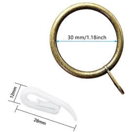 24 Set Metal Curtain Rings Drapery Curtain Hanging Rings with Plastic Hooks for Curtains and Rods 30 mm Internal Diameter(Bronze)