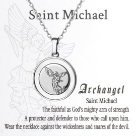 JewelryWe Saint Michael Necklace Women's Stainless Steel Archangel St. Michael Round Medal Pendant Chain with Shell Inlay Catholic Protective Pendant Religious Protection Amulet Jewellery with Card