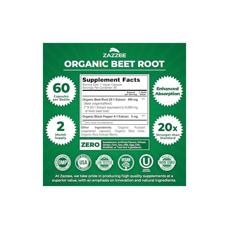 Zazzee USDA Organic Beet Root 20:1 Extract, 60 Vegan Quick