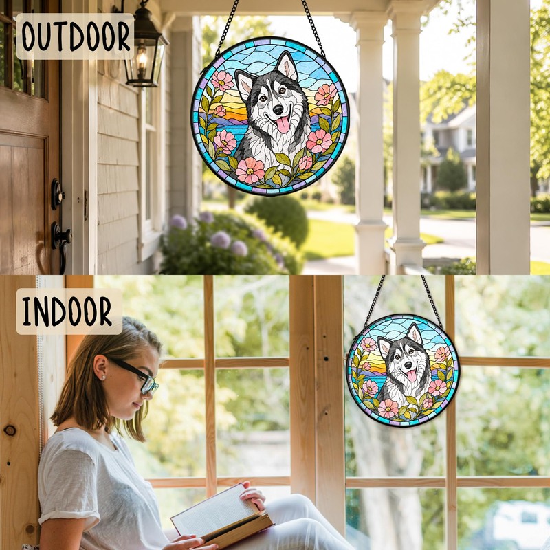 Husky Dog Flower Stained Glass Suncatcher Window Hanging Decor
