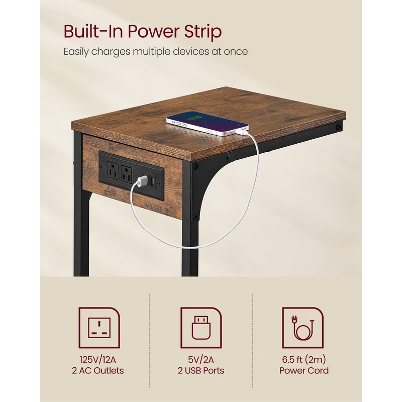 VASAGLE C-Shaped Side Table, End Table with Charging Station, C