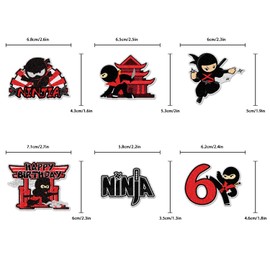 18pcs Ninja Happy Birthday Cupcake Toppers Happy 6th Birthday Ninja Warriors Anime Birthday Cupcake Picks Black Red 6 Six Years Old Sport Themed Birthday Party Supplies