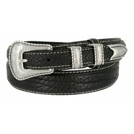 Western Silver Engraved Rope Edge Buckle Genuine Leather Ranger Belt (Black, 32)