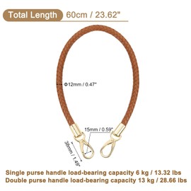 sourcing map Leather Purse Strap, 1Pc 60cm/23.62" Short Leather PU Braided Purse Replacement Handle with Metal Buckles for Underarm Bags, Handbags (Light Brown Strap + Gold Clasp)