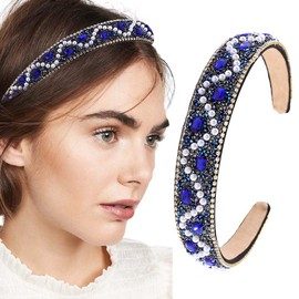 Firuilo Baroque Rhinestones Headband Pearl Thin Hairbands Sparkly Crystal Diamond Hair Hoop Hair Accessories for Women(Blue) (Type A)