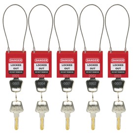 HiLKCO Lockout Tagout Safety Padlock Set Steel Cable Shackle with Keys Stainless Steel Cable Locks,5 Red Padlocks OSHA Compliant Dia 1.5mm, 2 Keyed Differ Per Lock (Red KD)