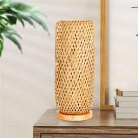 Xisakaca Bamboo Table Lamp, Handmade Boho Wicker Woven Desk Night Light, Rustic Farmhouse Wooden Bedside Nightstand Lighting Fixture for Kids Nursery Room