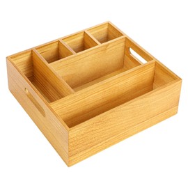 Grevosea Wood Caddy Organizer, Paper Plate Dispenser Wood Rustic Silverware Utensil Caddy for Countertop Silverware Organizer Box with 6 Compartments for Plates Cups Forks Spoo Kitchen Accessories