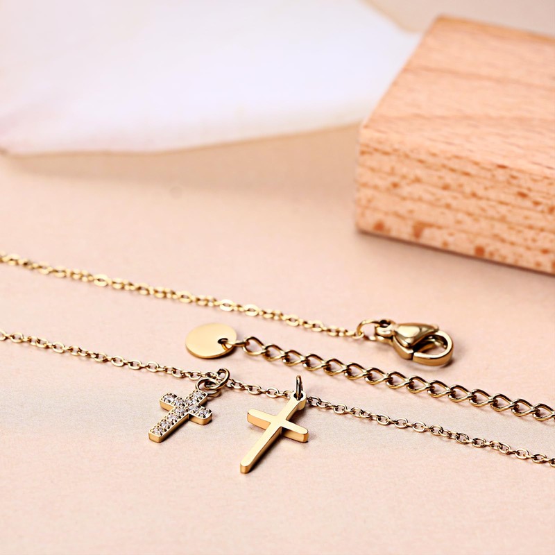 Flonge Women's Double Cross Necklace: Dainty Cubic Zirconia Cross Pendant