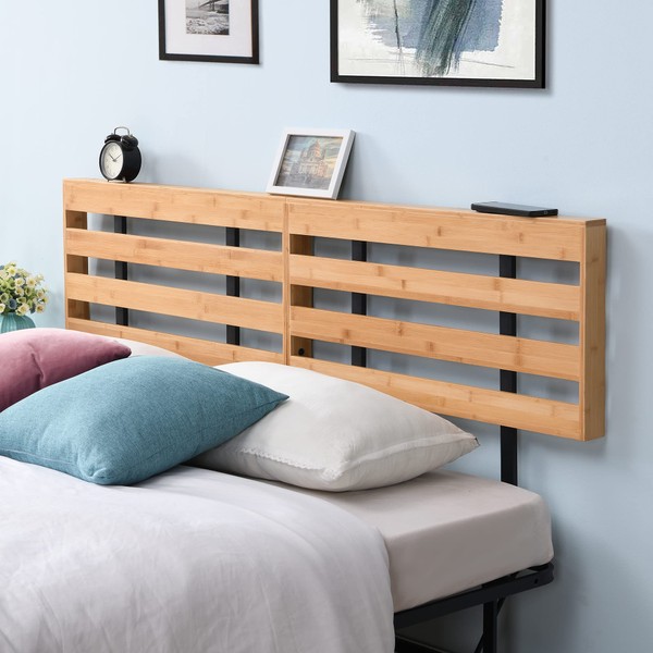 HW COMFORT Bamboo Headboard, Queen Size, Adjustable Height - Attach Metal Platform Bed Frame - Headboard Only, Headboard Shelf, Easy to Clean, Natural