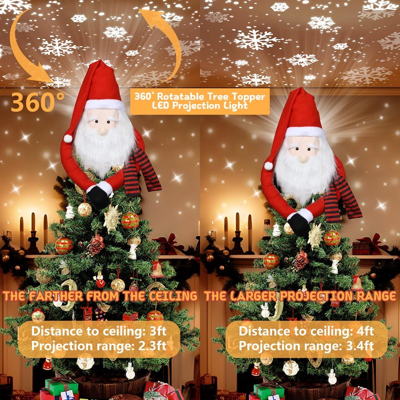 Christmas Santa Claus Tree Topper with Snowflake Projector Light, Rotating