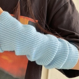 Zeltauto Women’s CASHMERE Blend Knit Arm Warmers Elbow Length Long Fingerless Gloves Mittens with Thumb Hole (Light Blue)
