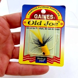 Gaines Vtg New Gaines Old Joe With Legs Handmade USA Cork Flyrod Popper Bug Sz 8 Hook - 1202RL-8 - Yellow, Black Hackle, Yellow Streamers
