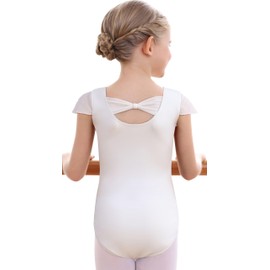 MdnMd Dance Ballet Leotard for Toddler Girls Gymnastic Bodysuit Outfit Bow Back Ruffle Sleeve (White, Age 4-6 / 4t,5t)