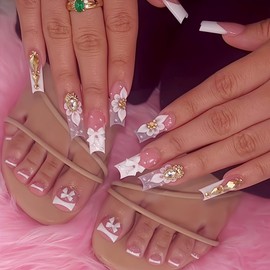 48Pcs Flower Press on Nails and Toes Matching Set Bow Rhinestone Fake Nails Square False Toenails White French Tip Design Stick on Nails Summer Acrylic Glue on Toenails for Women Nail Art Decoration