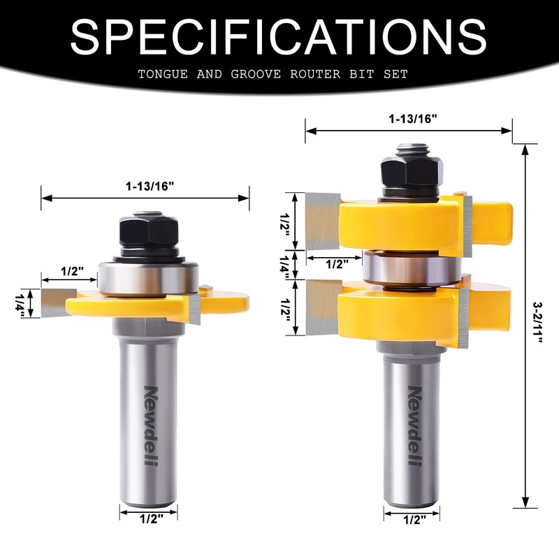 Tongue and Groove Router Bit Set 1/2 Shank,Newdeli 1-1/4" Stock