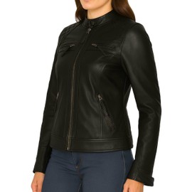 J'Jackin Black Leather Jacket Womens - Cafe Racer Leather Jackets for Women | D1 Black, X-Large