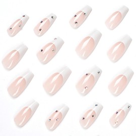 IMSOHOT Coffin Long Press on Nails French White Fake Nails with Nail Glue Ballerina Pearl False Nails with Designs Glossy Full Cover Acrylic Nails for Women and Girls