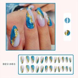 Almond Press on Nails Medium Fake Nails With Light Blue Marble Texture Designs Gold Foil False Nails Acrylic Artificial Nails Full Cover Stick on Nails Reusable Glue on Nails for Women 24Pcs