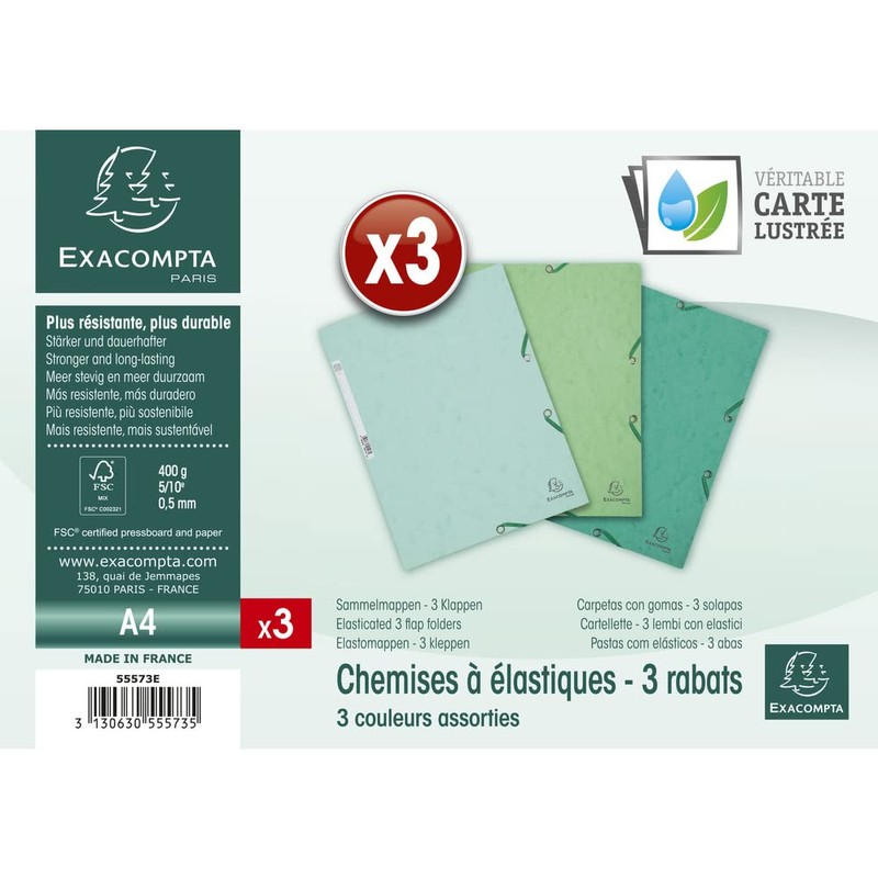 Exacompta 55573E - Lot of 3. 3 flap elasticated folder
